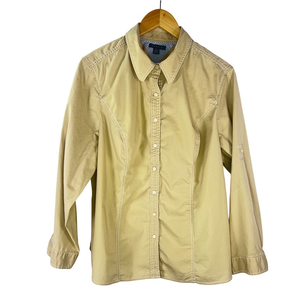 Tommy Hilfiger Womens Tan Khaki Contrast Stitch Button Down Shirt Size 10